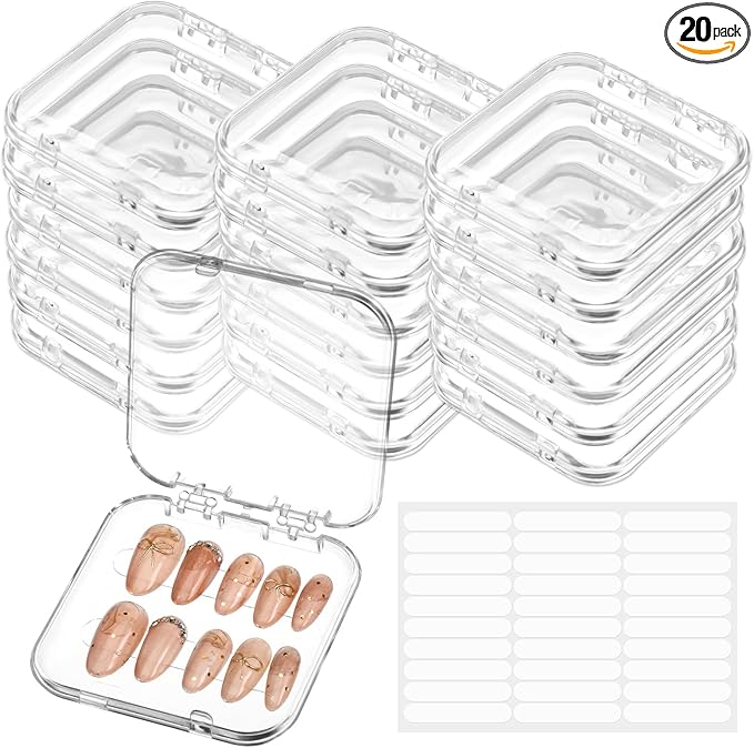 20pcs Press on Nail Storage Box Press on Nails Packaging Fake Nail Storages Case with 90 Pcs Adhesive Double Sided Tape for Fake Nail Storage Nail Display Nail Salon