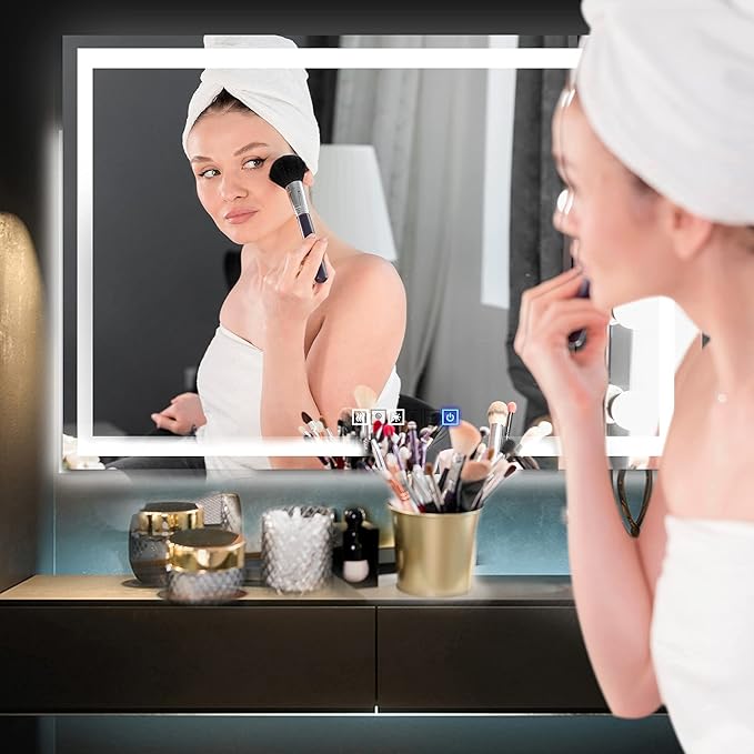 30x40 Inch Rectangular LED Bathroom Mirror with Lights Front and Backlit, 3 Color Modes, Touch Dimmer, Anti-Fog - Wall Mounted Vanity Mirror for Bathroom, Bedroom - Fab Glass and Mirror
