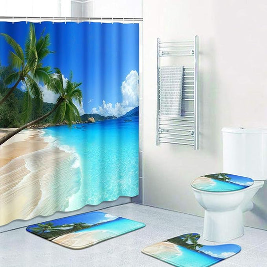 Britimes 4 Piece Shower Curtain Sets, with 12 Hooks, Tree Tropical Beach with Non-Slip Rugs, Toilet Lid Cover and Bath Mat for Bathroom Decor Set, 72" x 72"