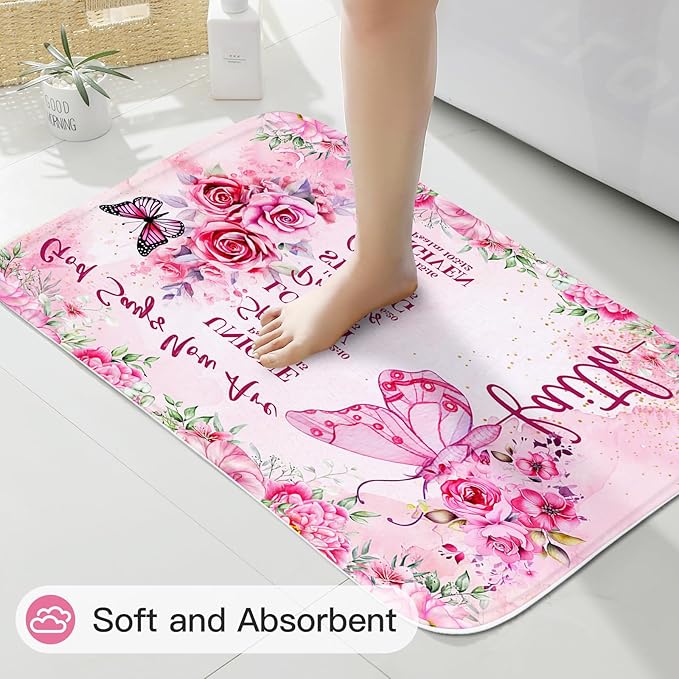 Litabel 4 Pcs Pink Butterfly Inspirational Quotes Shower Curtain Set with Rugs and Toilet Lid Cover, Colorful Boho Waterproof Fabric Bathroom Set, Bible Verse Floral Bathroom Decor Set Accessories