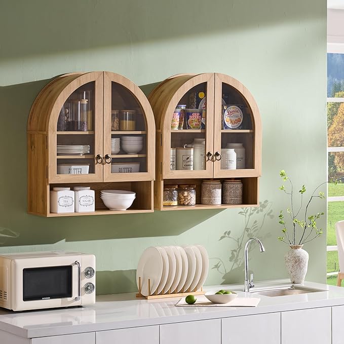 IFGET Bathroom Arched Wall Cabinet, 23.6'' Wide Medicine Cabinet with Adjustable Shelves & Glass Doors, Over The Toilet Storage Wall Mount Cabinet for Laundry Room, Kitchen & Living Room, Natural Oak