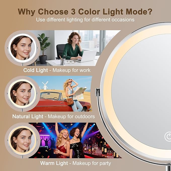 Flymiro Lighted Makeup Mirror,1x/10x Magnifying Vanity Mirror with Light,3000 mAh Rechargeable Light up Mirror,3 Colors Brightness Adjustable, 2-Sided, 8" Round,360° Rotation, Gift for Women