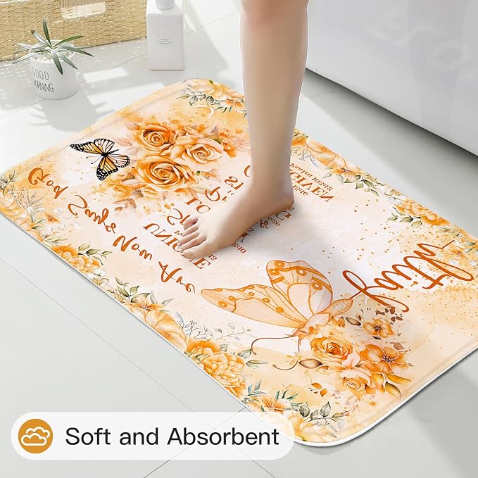 Litabel 4 Pcs Orange Butterfly Inspirational Quotes Shower Curtain Set with Rugs and Toilet Lid Cover, Colorful Boho Waterproof Fabric Bathroom Set, Bible Verse Floral Bathroom Decor Set Accessories