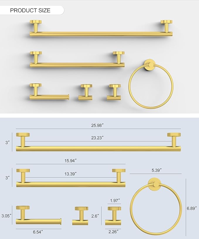 6 Pcs Brushed Gold Bathroom Accessories Hardware Set SUS304 Stainless Steel Towel Rack and Toilet Paper Holder Set Bath Towel Bar Set Wall Mounted for Bathroom Kitchen by HOMEMYSTIQUE