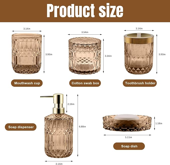 5Pcs Brown Bathroom Accessories Set, Glass Bathroom Accessories, Vintage Bathroom Countertop Decoration Includes Soap Dispenser, Toothbrush Holder, Qtip Holder,Soap Dish and Rinsing Cup