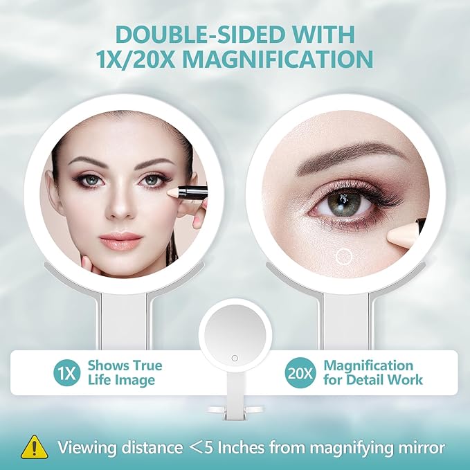 MIYADIVA Magnifying Mirror with Light, 20X Magnifying Makeup Mirror with Handheld,Travel Mirror with Lights and Magnification,3 Colors Desktop Mirror and Wall Mirror,Vanity Mirror with Lights 6 Inches