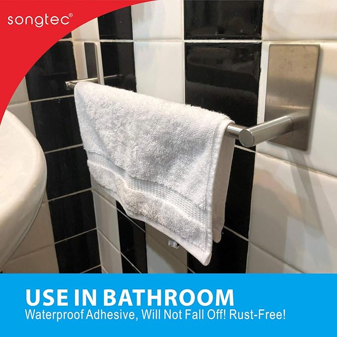 Songtec Adhesive Towel Bar 12inch Brushed, Stick On Bath Towel Rack Easy Install, NO Drilling on Walls, Premium SUS304 Stainless Steel - Brushed