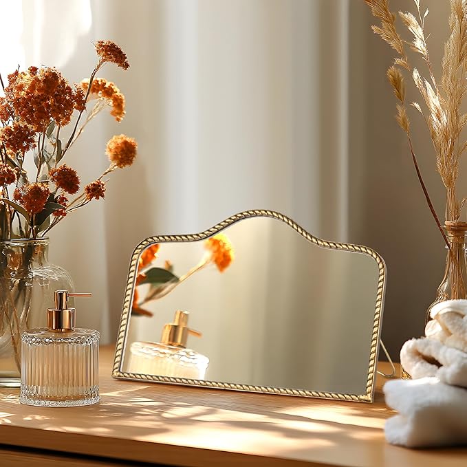Vintage Desk Makeup Mirror, 7.8" L x 11.9" W Antique Gold Vanity Table Mirror, Metal Framed Scalloped Small Standing Mirrors with Beaded, 360 Adjustable Rotation for Tabletop, Bedroom