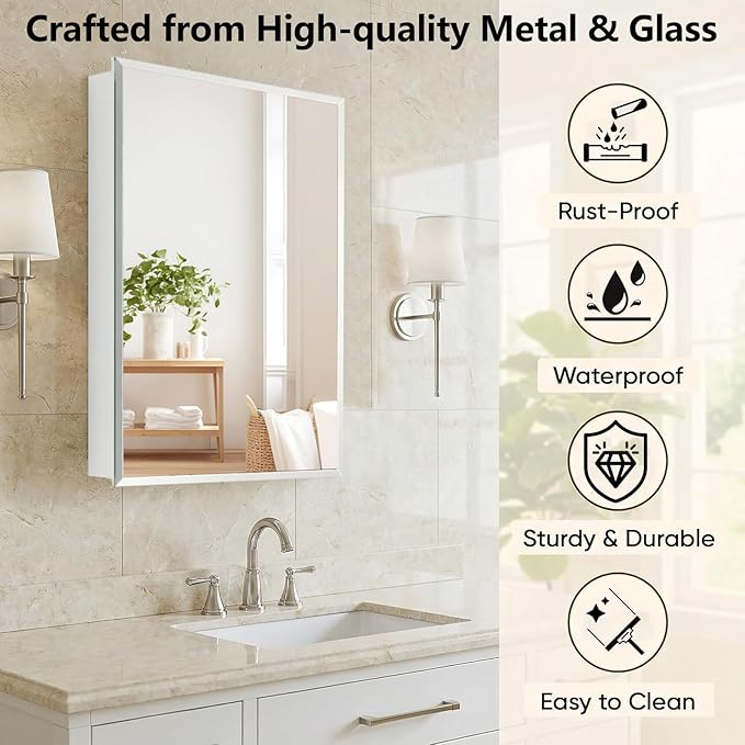 22x30 inch Frameless Beveled Mirror Medicine Cabinet - Waterproof Bathroom Storage Cabinet, Mirror Cabinet, Adjustable Shelves, Recessed or Surface Mount (White)