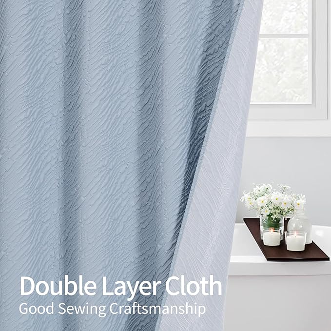 MitoVilla Fog Blue Shower Curtain, Farmhouse Waves Fabric Shower Curtains for Modern Hotel Bathroom Decor, 3D Geometric Embossed Textured, Waterproof & Wrinkle Resistant, 72 x 72