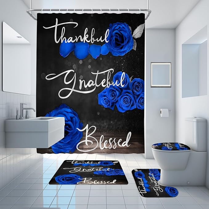 Onalasyc 4Pcs Blue Rose Shower Curtain Set with Rugs Waterproof Bathroom Sets with Shower Curtain and Rugs Romantic Rose Floral, Thankful Grateful Blessed Bathroom Curtains Shower Set,with 12 Hooks