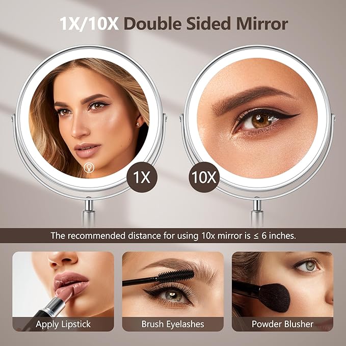 UBYMET Lighted Makeup Mirror, Rechargeable Height Adjustable Double Sided, 1x/10x Magnifying with 3 Color, Brightness Adjustable, 360° Rotation Vanity, Gift for Women