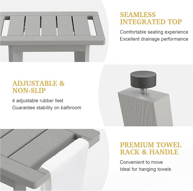 HIPS Shower Bench Inside Shower Stool with Storage Shelf, Waterproof Spa Bath Chair for Bathroom, Seat or Organizer for Living Room, Bedroom - Great for All Ages Unisex Elderly (Small, Grey)
