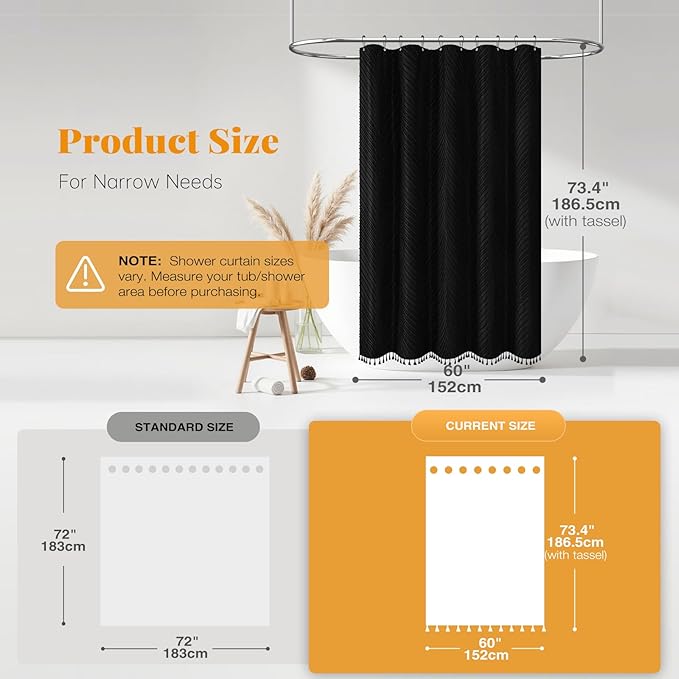BTTN Boho Stall Shower Curtain - 60x72 Tufted Leaves Textured Striped Tassel Shower Curtain Set with 10 Plastic Hook, Narrow Modern Farmhouse Shabby Chic Minimalist Shower Curtains for bathroom, Black