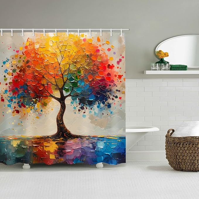 Shower Curtains, with A Unique Oil Painting Tree Theme Bright Colors, Brings an Artistic Atmosphere to The Bathroom. The 72x72 Inch Fabric Shower Curtain Comes with 12 Hooks.