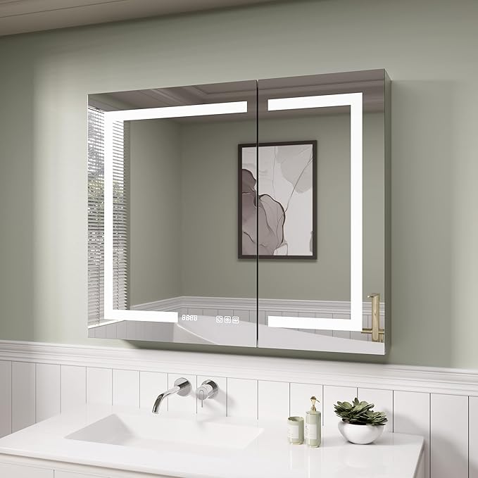 LED Medicine Cabinet Mirror with Lights, 36 x 30 Inch Bathroom Storage, Recessed/Wall Mount, Plug-in/Hardwired, 3 Color Dimmable Light, Anti-Fog, Time Temp Display