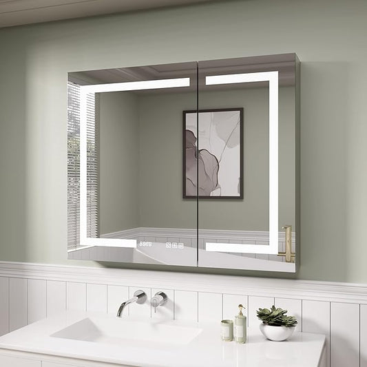LED Medicine Cabinet Mirror with Lights, 36 x 30 Inch Bathroom Storage, Recessed/Wall Mount, Plug-in/Hardwired, 3 Color Dimmable Light, Anti-Fog, Time Temp Display