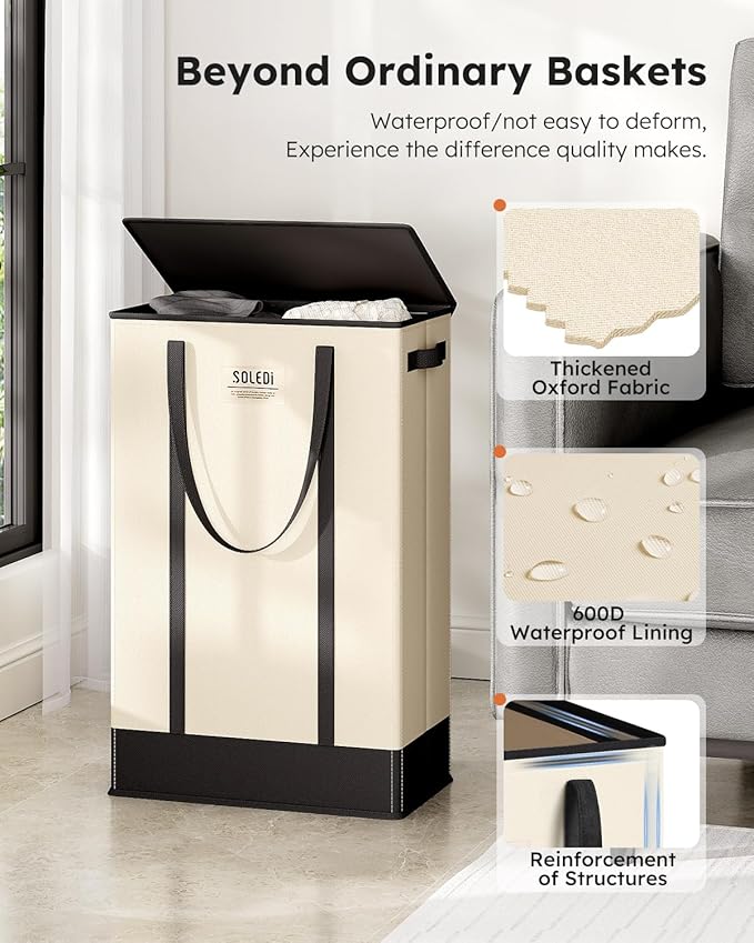 SOLEDI 75L Slim Laundry Basket with Lid,Collapsible Narrow Laundry Hamper Handles,Tall Skinny Dirty Clothes Hamper for Laundry Room,Dorm,Bathroom,Bedroom,and Small Spaces, 75L Beige