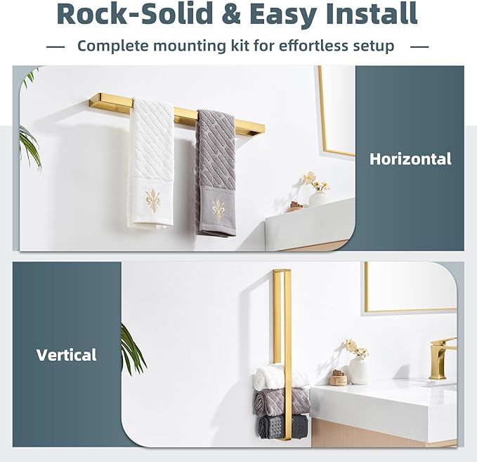 APLusee 22.8" Bathroom Towel Bar, 304 Stainless Steel Wall Mounted Towel Holder, Brushed Gold Towel Rack for Bathroom Kitchen, Modern Heavy Duty Design