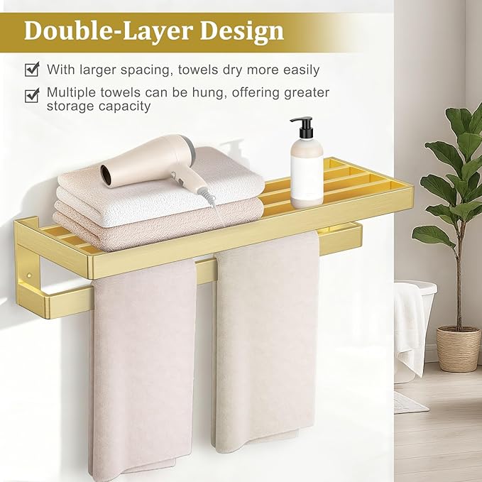 TNOMS Towel Racks Double Towel Bar,Brushed Gold Towel Holder 23.6-inch Stainless Steel Bathroom Hardware Accessories Set