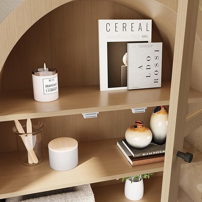 BOSHIRO Arched Bathroom Wall Cabinet with Drawer,Over The Toilet Storage Cabinet, Medicine Cabinet with Glass Door for Living Room, Kitchen（Natural Wood Color）