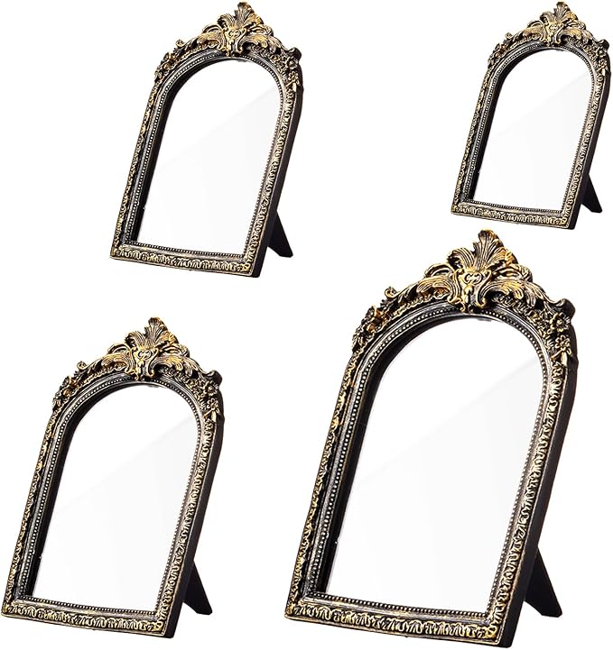Thyle 4 Pcs Vintage Gold Antique Mirror Set Arch Retro Resin Baroque Decorative Makeup Mirror Square Hanging Wall Desk Tabletop Room Bedroom Bathroom Gallery (13x9 10x7 8x5 7x4) (Dark Color)