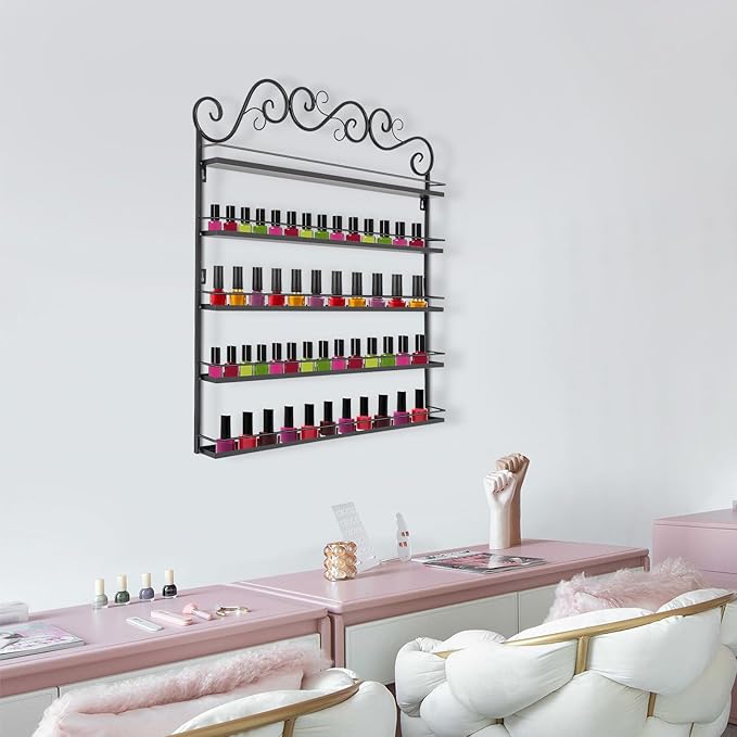 Metal Nail Polish Racks, 5-Tier Wall Mounted Nail Polish Display Holder Organizer Rack for Home Salon Business Spa L26 X W2.2 (Black)