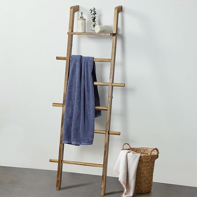 Taozun 67-Inch Wooden Blanket Ladder with Shelf for Living Room - 5-Tier Farmhouse Towels and Quilt Rack Decor - Leaning Wall Display Holder for Blankets and Throws