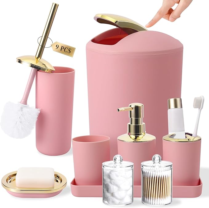 BSSN Pink Bathroom Accessories Set, Luxurious Complete 9-Piece Bath Decor Set with Trash Can, Toilet Brush, Soap Dispenser, Toothbrush Holder, Qtip Jars, Vanity Tray, Soap Dish and Tumbler Cup