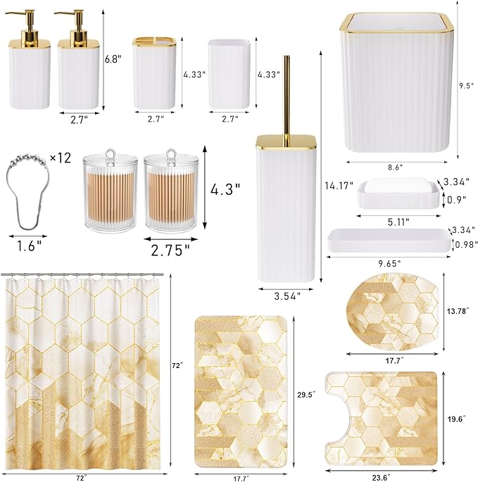 XLHOMO Bathroom Set - 26PC Bathroom Set with Shower Curtain and Rugs, Bathroom Accessory Set, White Bathroom Accessories Set, Trash Can & Soap Dispenser