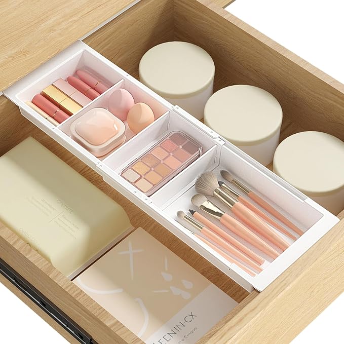 Lifewit Sliding Makeup Drawer Organizer, Fits 13-20" Deep Drawers, Extendable Hanging Divider, 1.8" High Plastic Tray for Vanity, Office, Kitchen, White,1Pcs
