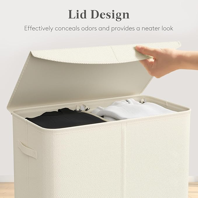 Lifewit 136L Double Laundry Hamper, 2 Sections Large Laundry Basket with Lid and Removable Bag, Divided Dirty Clothes Hamper in Bedroom Bathroom Dorm College, White