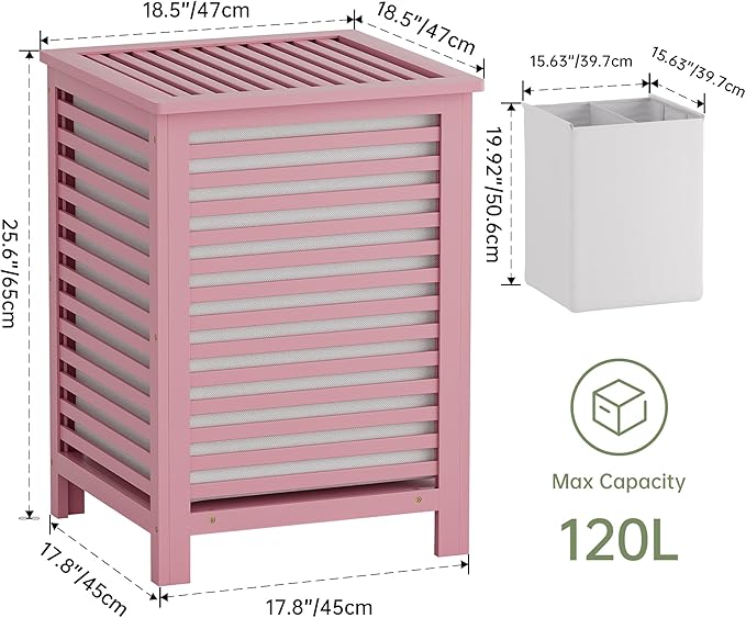 SMIBUY Double Laundry Hamper with Lid, 120L Bamboo Laundry Basket with Removable Liner Bag, 2-Section Clothes Divider Laundry Sorter for Laundry Room, Bathroom, Bedroom (Pink)