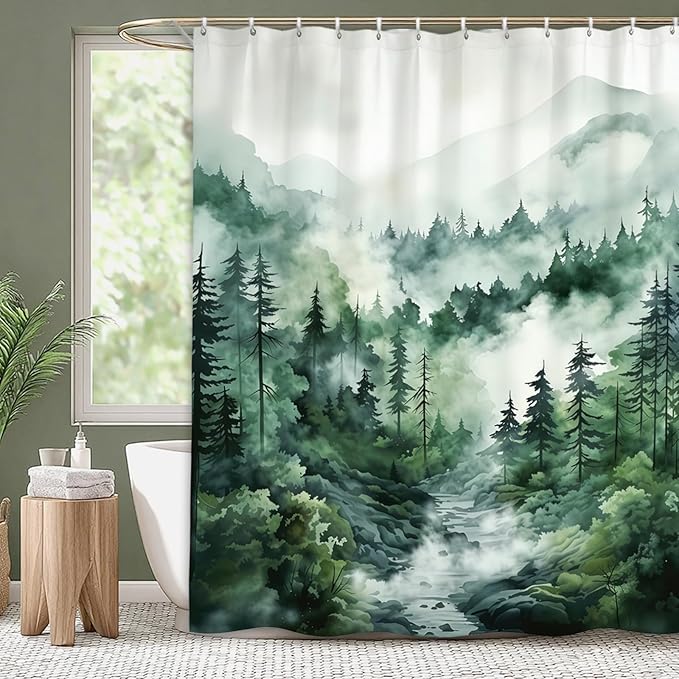 Dreamrflove Forest Mountain Shower Curtain DarkGreen Nature Misty Pine Rustic Bathroom Decorative Tree Bathroom Decor 72x72 Inch Waterproof Polyester