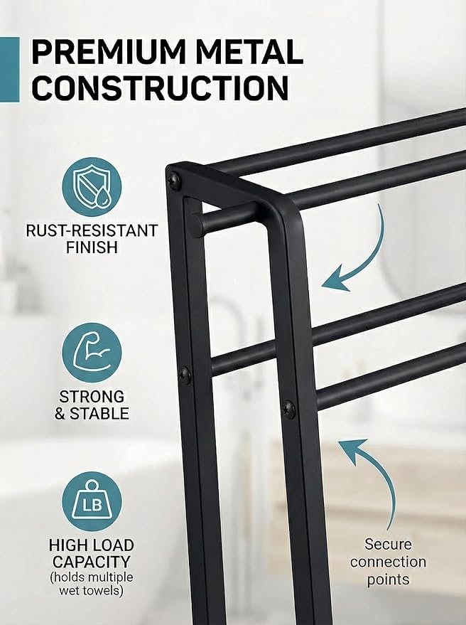 CANYAVE Metal Leaning Ladder Towel Rack, 4-Tier Blanket Stand for Bathroom Living Room, No Drilling Quilt Storage Organizer (Matte Black)