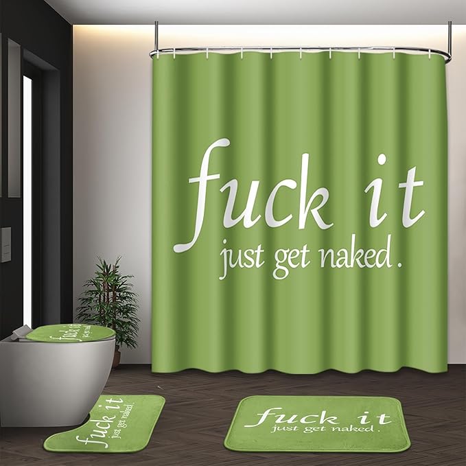 ArtSocket 4PC Green Funny Get Naked Shower Curtain Sets Bathroom Decor with Rugs, Non-Slip Rug,Toilet Lid Cover, Bath Mat and 12 Hooks 72x72 inches