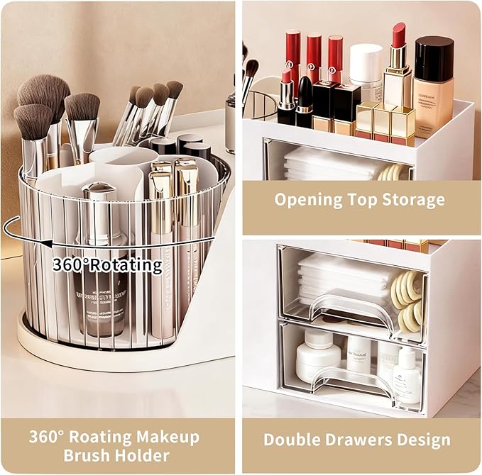KHNR Makeup Organizer for Vanity, Vanity Organizer with 2 Drawers and Rotating Brush Holder, Bathroom Organizer Countertop, Cosmetic Organizer for,Lipsticks,Nail Polish (White)