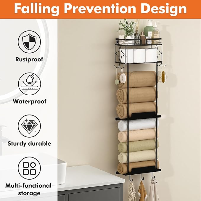 Towel Racks for Bathroom 39.9 Inch Wall Mounted Towel Rack with Shelf, Bathroom Towel Storage Holds 6 Large Rolled Towels, Metal Wall Towel Rack, Black