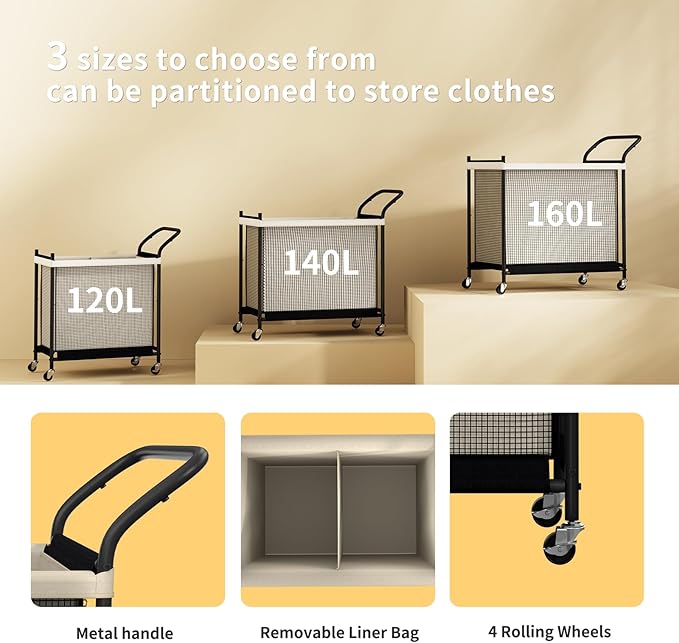 Laundry Hamper with Wheels,Laundry Basket with Removable and Washable Liner Bag, Metal-frame Laundry Cart with Handle for Bedroom, Bathroom, Dorm Room, Laundry Room (120L)