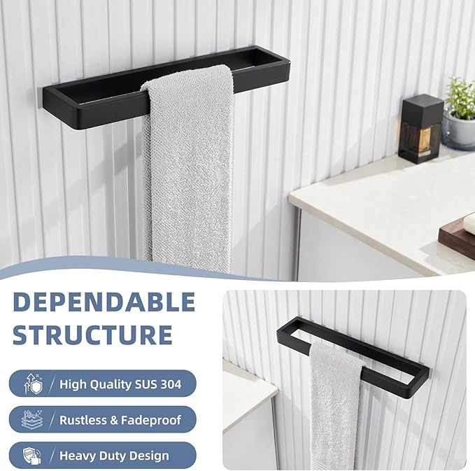 Angle Simple Hand Towel Holder for Bathroom, SUS 304 Stainless Steel Kitchen Towel Rack Hanger Wall Mounted 11.73" Matte Black