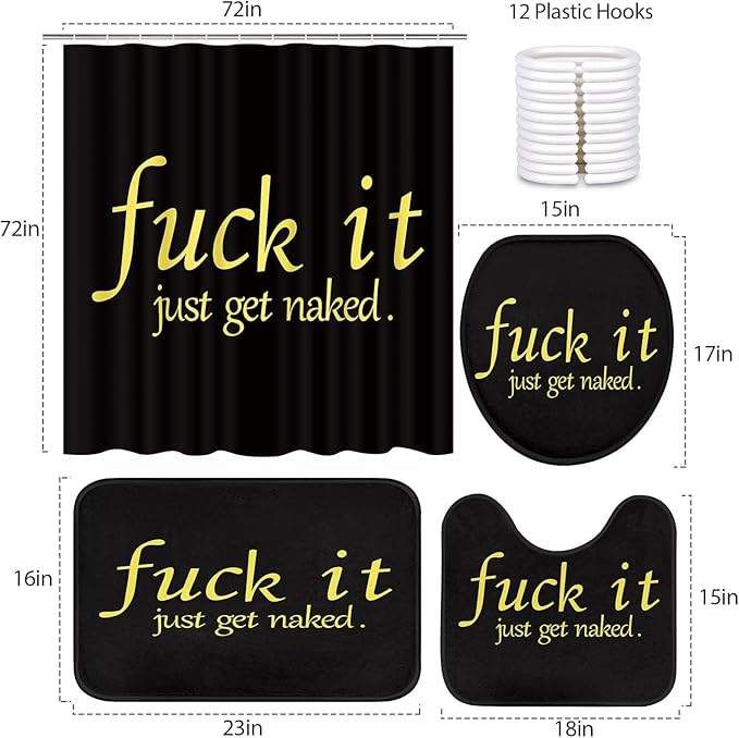 ArtSocket 4PC Black Funny Get Naked Shower Curtain Sets Bathroom Decor with Rugs, Non-Slip Rug,Toilet Lid Cover, Bath Mat and 12 Hooks 72x72 inches