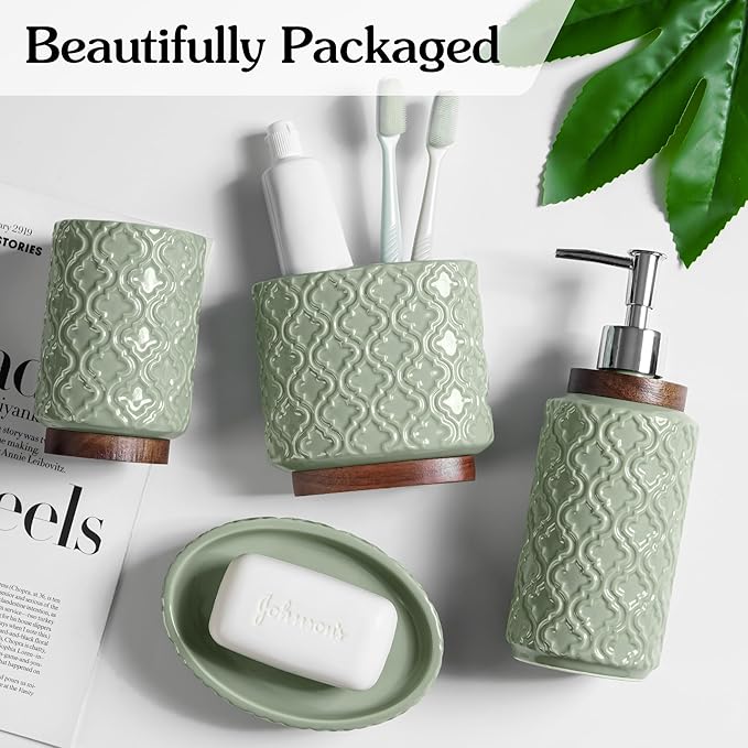 RQYIXI Elegant 4 PCS Ceramic&Wood Bathroom Accessories Set:Soap Dispenser,Toothbrush Holder,Tumbler,Soap Dish,Easy to Clean,Quatrefoil Pattern,Green-Affordable Luxury for Home Decor Enthusiasts