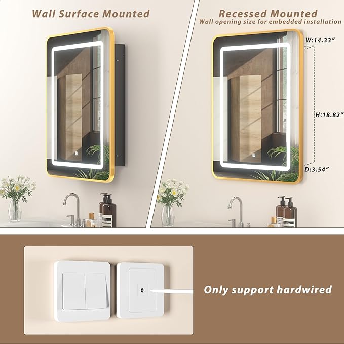 LOVMOR Led Medicine Cabinet with Mirror, Bathroom Vanity Mirror Cabinet with Shelves, 3-Color Lights Dimmer, Gold 24" H x 16" W
