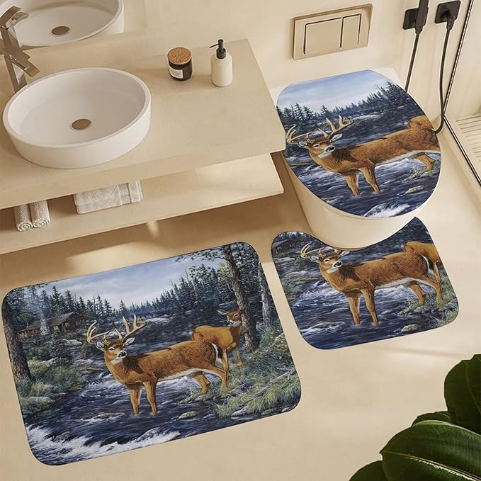 Oil Painting Cabin Wildlife 4 Piece Shower Curtain Sets, Non-Slip Rugs, Toilet Lid Cover and Bath Mat, Durable and Waterproof, for Bathroom Decor Set One Size