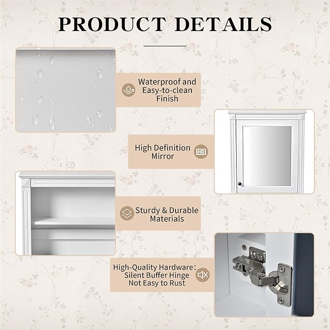 Merax Bathroom Medicine Cabinet with Mirror Door & Adjustable Shelves, 24" x 28" Wall Mounted Storage Cabinet Over Toilet