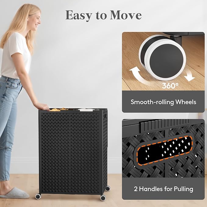 Lifewit 110L Plastic Double Laundry Basket with Lid, Collapsible 2 Section Clothes Hamper with Wheels and Removable Bags, Large Rolling 2 Compartment Bin for Laundry Room Bedroom Bathroom, Black