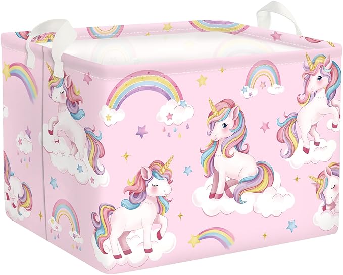Unicorn Laundry Hamper Large Storage Basket Rainbow Clouds Collapsible Parents Organizer Kids Toy Clothes Bins for Bedroom, Bathroom, Stars, 36L