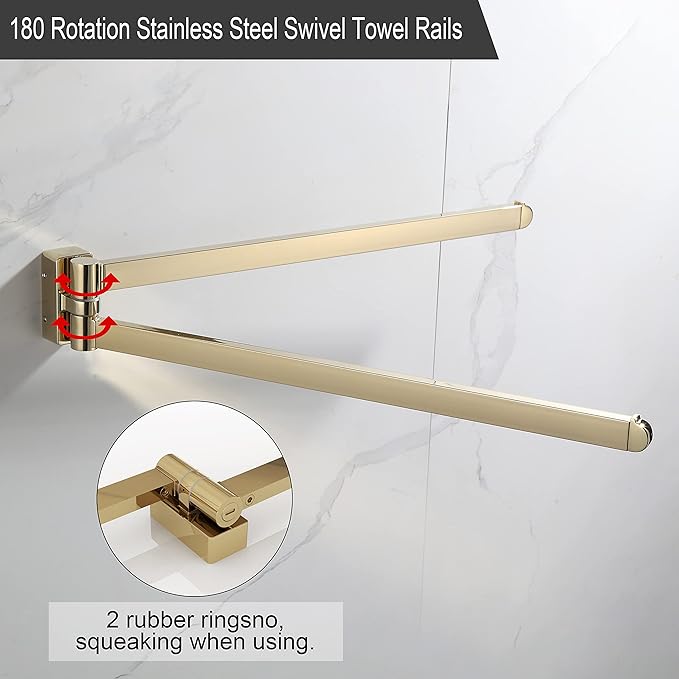 BGL Swivel Towel Bar Brushed Gold,Two Arms Wall Mount Towel Hanger Holder for Bathroom Organizer