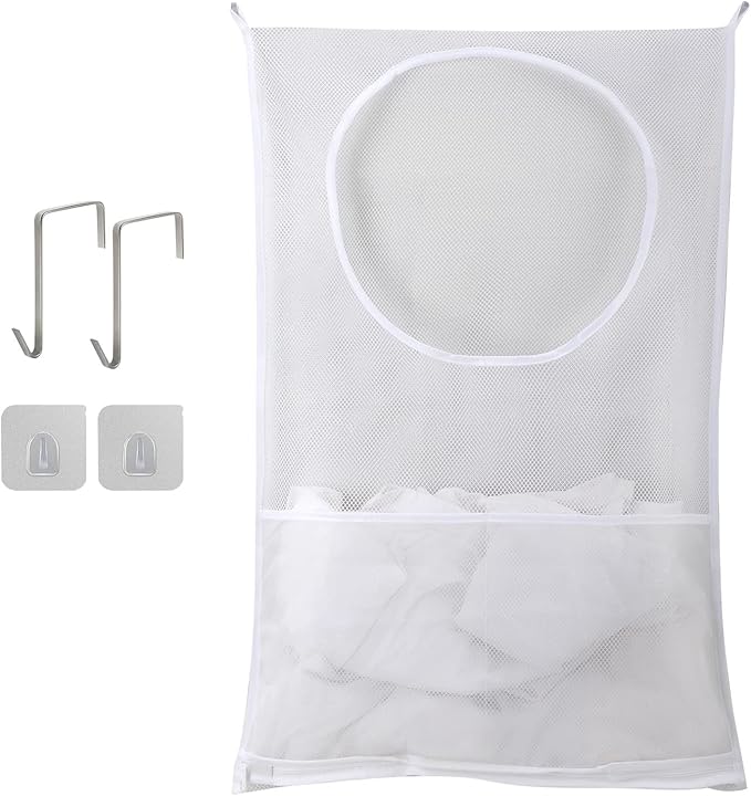 Hanging Laundry Hamper, Over The Door Laundry Hamper, Mesh Hanging Laundry Bag with Pockets Zipper Foldable Lightweight, For Rv Camper Apartment College Dorm Room Storage Small Space Organizer, 1 Pack