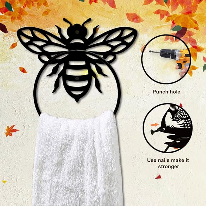 MAYJOYDIY Honey Bee Metal Towel Ring Antique Bumblebee Hand Towel Holder Round Cute Insects Towel Hangers Black Bathroom Towel Rack Wall Mounted for Kitchen Bath Home Laundry Room Decors Gifts